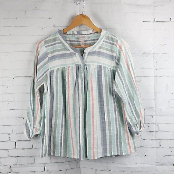 KNOX ROSE MULTI COLOR STRIP V NECK LONG SLEEVE BOHO SMOCK TOP SIZE XS NWT - Picture 1 of 11